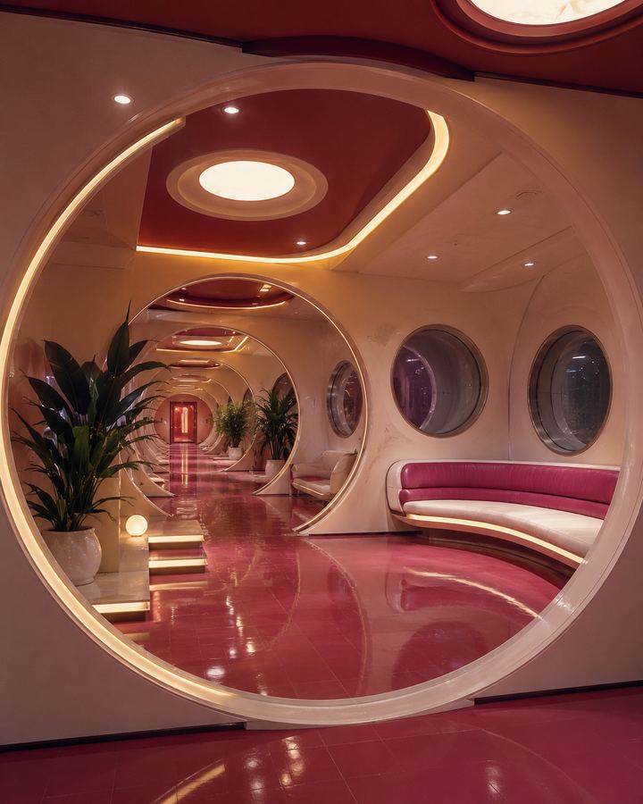 pink retro-futuristic corridor — aero brand world